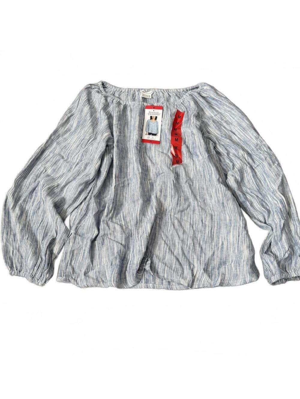 Blue White Textured Peasant Blouse Boston Traders Balloon Sleeve Top Medium